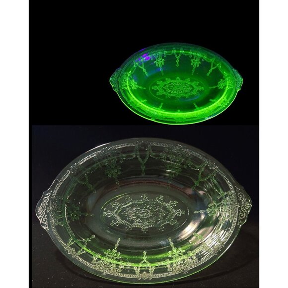 Green Depression Glass Serving Bowl With Intricate Cameo Floral & Garland Design - Picture 1 of 9